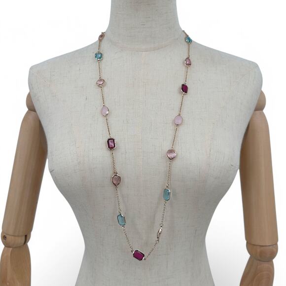 Time and Tru Long Rhinestone Layering Necklace Pink Blue Stones Statement - Picture 1 of 8
